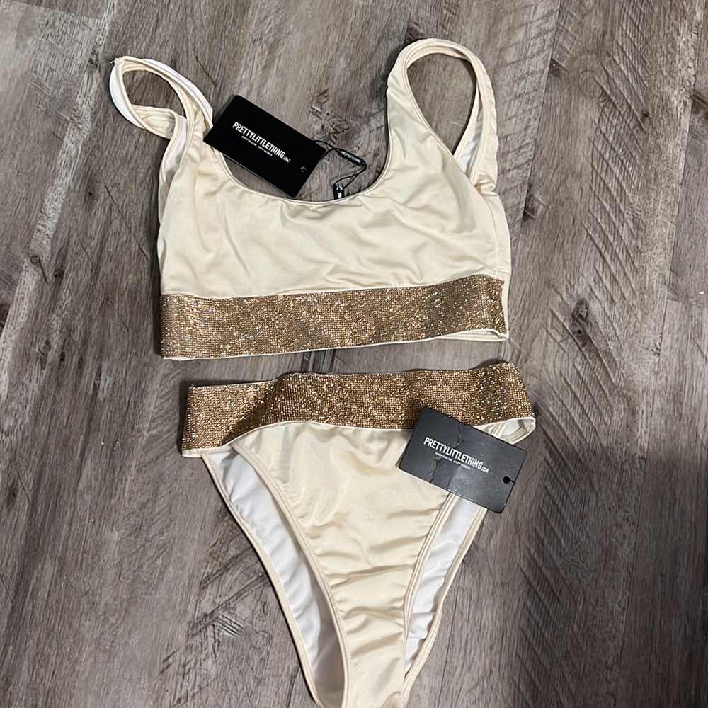 Pretty Little Thing cream gold rhinestone glitter bikini bathing suit size 8